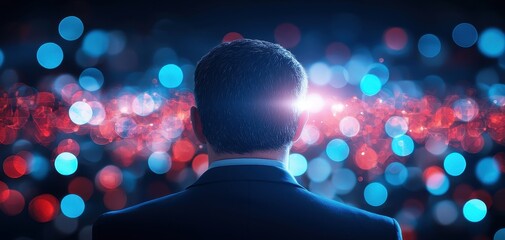 Poster - A businessman in a suit gazes at a vibrant display of colorful lights, symbolizing insight, inspiration, and the potential for creativity.