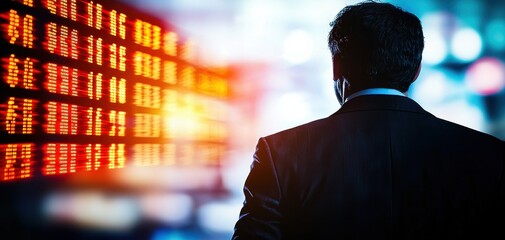 Poster - A businessman in a suit observes stock market data displayed on a digital screen, capturing the essence of finance and investment.