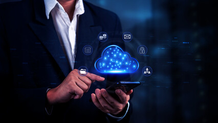 Wall Mural - businessman using a smartphone to interact with a digital cloud interface, cloud computing, and data
