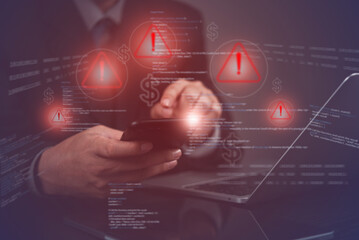 Wall Mural - businessman hand using a smartphone with warning and financial risk data. cybersecurity hacking threats, fraud alerts, online transactions scams, financial protection strategies.business management.