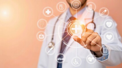 Doctor Using Touchscreen Interface for Healthcare Technology and Digital Medical Solutions