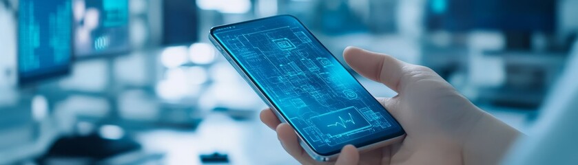 Closeup of a mobile phone displaying detailed blueprint design held in person's hand.