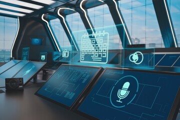 Futuristic Smart Control Room Interface: Voice, Calendar, and Data Visualization