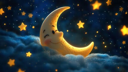 Wall Mural - Cartoon smiling moon and stars in the night sky. Good night and sleep tight theme. 3d rendering picture.