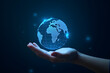 © Tony - Holographic globe, futuristic technology, glowing blue effects, hand interacting, minimal dark gradient background