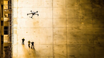 Wall Mural - Aerial view of a drone inspecting a concrete wall with workers observing from below