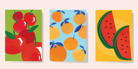 Wall Mural - summer tropical fruit poster background vector. apple, orange, watermelon with dot halftone and wate