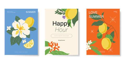 Wall Mural - summer tropical fruit poster background vector. lemon, flower, leaves with watercolor texture. desig