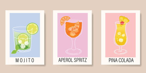 summer cocktail poster background vector. mojito, aperol spritz, pina colada with watercolor texture