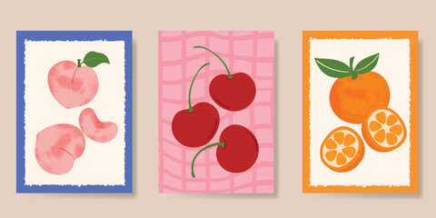 Wall Mural - summer tropical fruit poster background vector. peach, cherry, orange with watercolor texture. desig