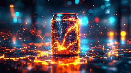 glowing abstract beverage can with radiant orange and blue neon light effects, representing modern c