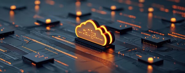 Abstract digital cloud computing concept with vibrant glowing circuits and nodes.