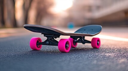 Wall Mural - urban thrills: stylish black skateboard with vibrant pink wheels for youthful energy and extreme spo