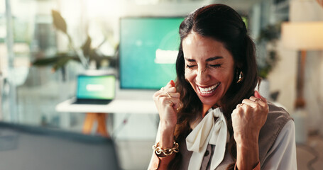 Wall Mural - Office, excited and woman with laptop, celebration or online notification for business success. Wow, yes and happy web consultant at desk with computer, connection and good news at digital agency