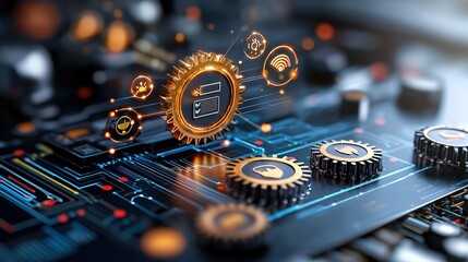 Futuristic gears and circuits illustrating digital innovation and automation.