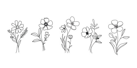 Wall Mural - set of hand drawn botanical flower bouquet vector. collection black white contour drawing of foliage
