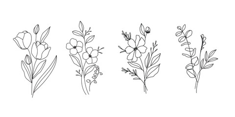 Wall Mural - set of hand drawn botanical flower bouquet vector. collection black white contour drawing of foliage