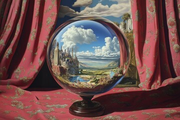 A glass sphere with a landscape inside of it