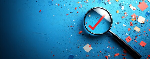 Leinwandbilder - Magnifying glass emphasizing approval check mark, crossedout icons, quality control in business project proposals, blue background with validation and rejection marks