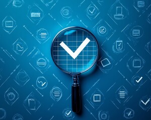 Poster - Quality control concept with magnifying glass focusing on a white check mark, crossedout icons, blue background, approval and disapproval marks in business proposal