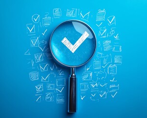 Aufkleber - Quality control concept with magnifying glass focusing on a white check mark, crossedout icons, blue background, approval and disapproval marks in business proposal