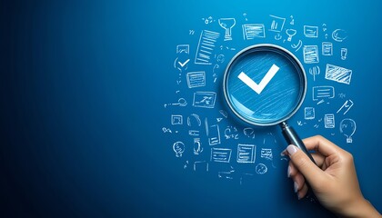 Leinwandbilder - Approval process concept with magnifying glass highlighting check mark, crossedout icons, quality control in business project proposal or document review, blue background