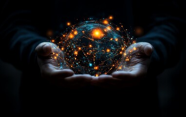 Poster - Businessman holding virtual globe with connected business icons, digital marketing, IoT, big data tools, global tech network, futuristic digital theme