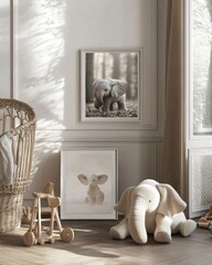 Adorable baby elephant prints & plush toy in a nursery.