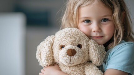 Wall Mural - Girl hugging a plush dog toy, radiating warmth and innocence in a cozy environment.