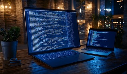 Nighttime Coding Session Two Laptops Displaying Blue Tinted Code on a Wooden Table