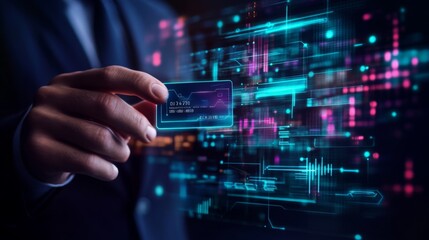 Leinwandbilder - A person in a suit holds a transparent card, surrounded by vibrant digital data streams and holographic graphics, representing technology and innovation.