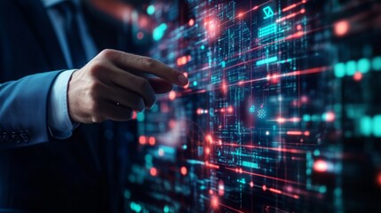 Poster - A professional hand interacts with a glowing digital interface, showcasing data manipulation and technology in a futuristic environment.