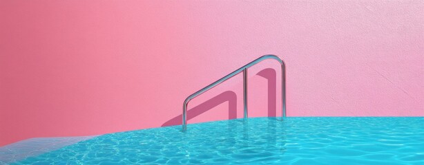 Minimalist Swimming Pool Ladder Against Pastel Pink Background Summer Vacation Concept