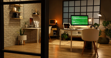Wall Mural - interior of dark office with programmer's workplaces