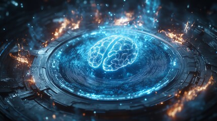 Wall Mural - a glowing ai brain rests on a circular platform, surrounded by neon blue holograms and digital data 