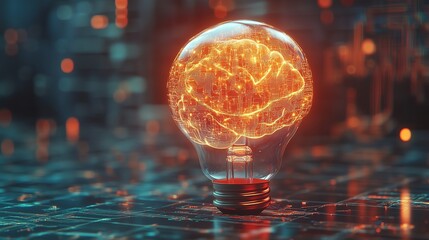 Wall Mural - glowing light bulb encasing an abstract ai brain, with neon light swirling around and digital circui