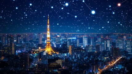 Wall Mural - a futuristic city at night showcases illuminated wireless connections, glowing data streams, and hig