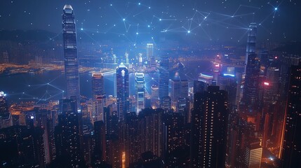 Wall Mural - a futuristic city at night showcases illuminated wireless connections, glowing data streams, and hig