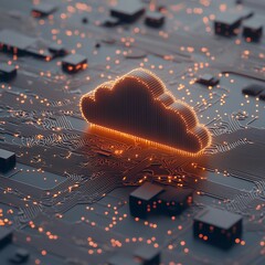 Wall Mural - sleek cloud illustration surrounded by glowing data nodes and digital circuit patterns, symbolizing 
