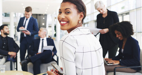 Poster - Happy, meeting and portrait of businesswoman in office for negotiation on real estate law case with clients. Confident, professional and female attorney with team for legal property transaction deal.
