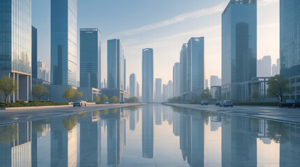 Wall Mural - Modern city skyline with glass skyscrapers by a waterfront, reflecting calm water under a clear blue City of Reflections: Modern Skyscrapers in a Smart Business Hub
