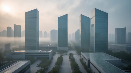Wall Mural - Modern city skyline with glass skyscrapers by a waterfront, reflecting calm water under a clear blue City of Reflections: Modern Skyscrapers in a Smart Business Hub
