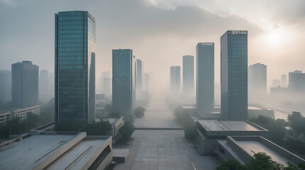 Wall Mural - Modern city skyline with glass skyscrapers by a waterfront, reflecting calm water under a clear blue City of Reflections: Modern Skyscrapers in a Smart Business Hub
