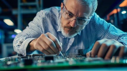 Wall Mural - engineer meticulously checking quality at a printed circuit board manufacturing factory, highlightin