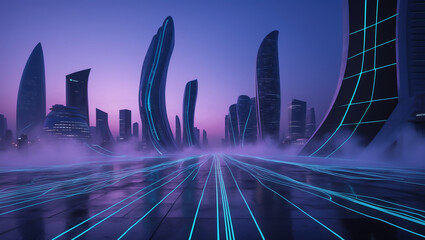 Wall Mural -  Modern Big City Skyscrapers with a Futuristic Networking Symbol in Blue and Purple - Perfect for Technology  Vector illustration of urban architecture featuring a cityscape with neon light effects an