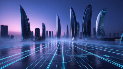 Wall Mural -  Modern Big City Skyscrapers with a Futuristic Networking Symbol in Blue and Purple - Perfect for Technology  Vector illustration of urban architecture featuring a cityscape with neon light effects an
