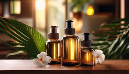 essential oil and oils. Bottles on the background of the spa room. Skin care serum or natural cosmetics 