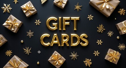 Wall Mural - gift cards word gold metallic shiny lettering on plain black background