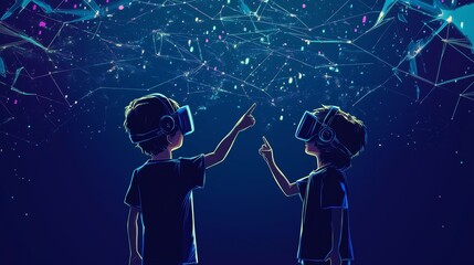 Wall Mural - two children pointing in vr, with big data streams and dream professions like astronauts, doctors, a