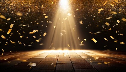 Wall Mural - golden light rays. golden confetti rain on festive stage with light beam in the middle, empty room at night .